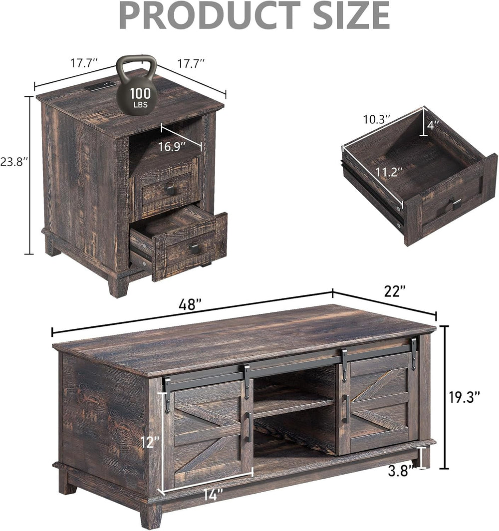 LUXOAK Farmhouse Table Set of 3, Coffee Table with Sliding Barn Doors, End Ta...