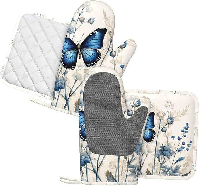 Oven Mitts and Pot Holders Butterfly Blue Flower Boho Silicone Kitchen - Image 2