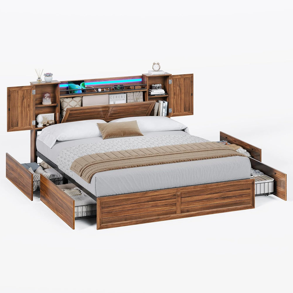 Farmhouse Full Size Bed Frame with Headboard and Double Barn Door Storage Cab...