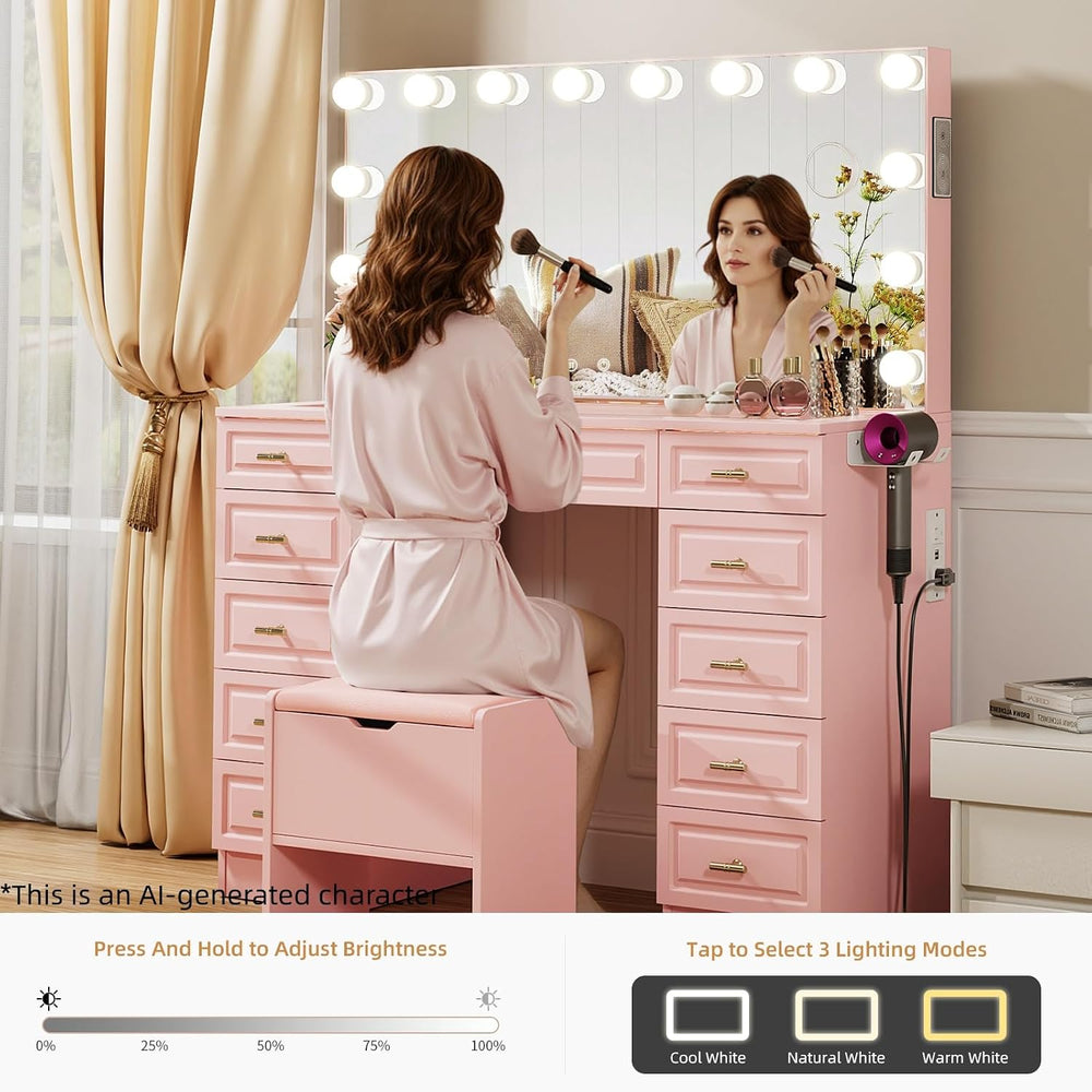 VOWNER Vanity with Lighted Mirror, Makeup Vanity Desk w/Bluetooth Speaker