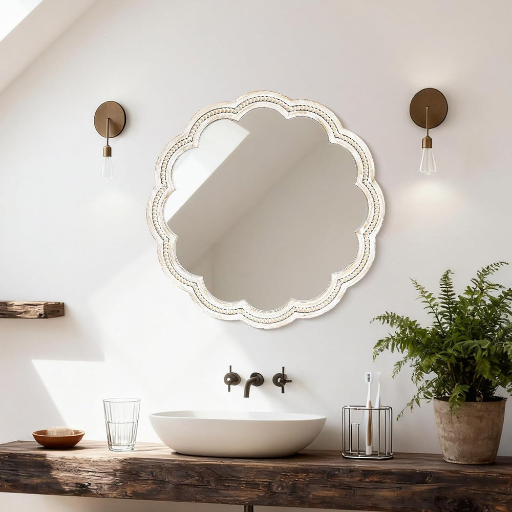 24 Inch Round Wall Mirror, Whitewashed Wooden Frame with Scalloped Edge &...