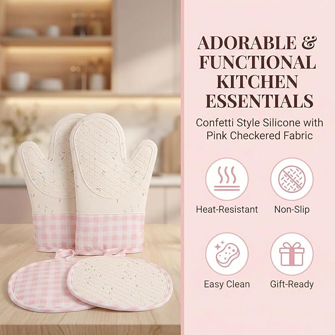Silicone Confetti Oven Mitts and Pot Holders Set, Heat Resistant Non-Slip - Image 2