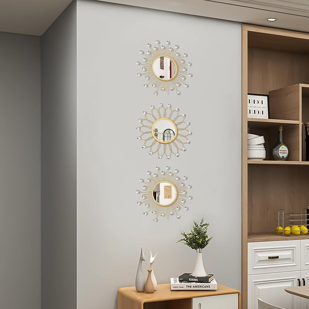 3 Pack Metal Mirrors for Wall Sunburst Wall Mirror Gold Crystal Home Accent