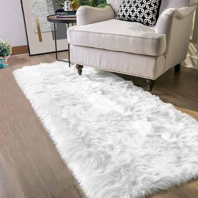 Latepis White Shag Rug 2x5 Runner Faux Sheepskin Fur Rug by Latepis