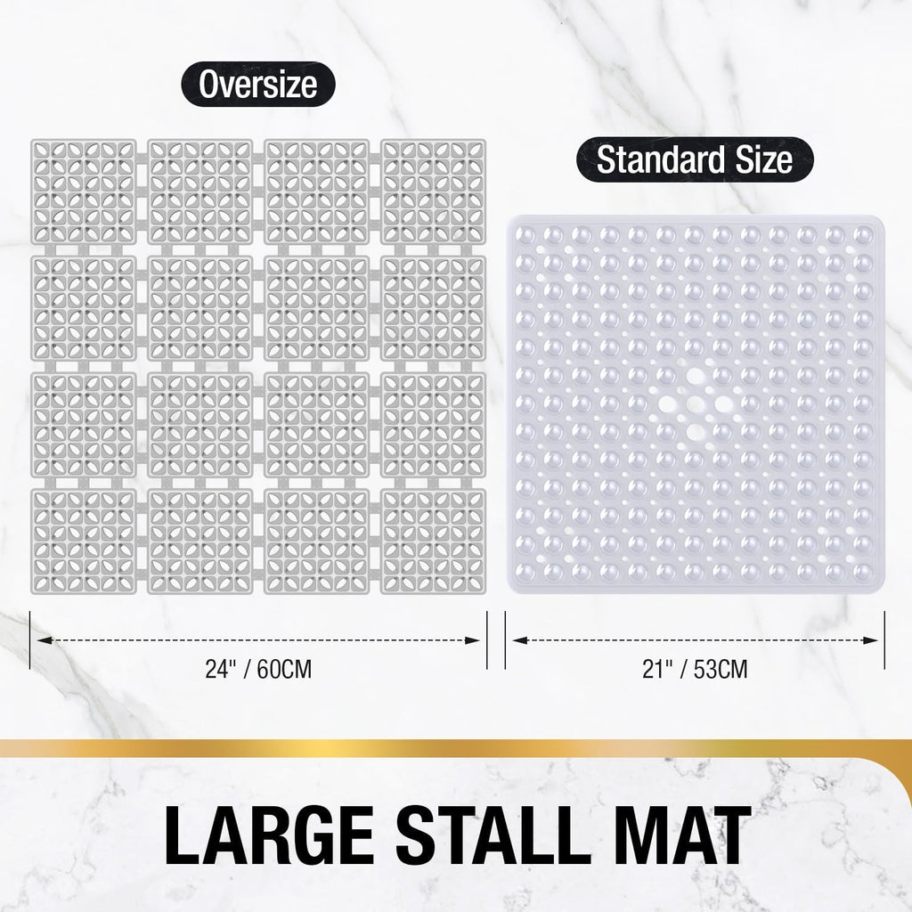 HITSLAM Shower Mat Anti Slip, 24x24 Inch Cut to Fit No Odor Soft TPE Shower Stall Mat, Square Bath Mat with Suction Cups and Drain Holes, Soft on Feet, Grey