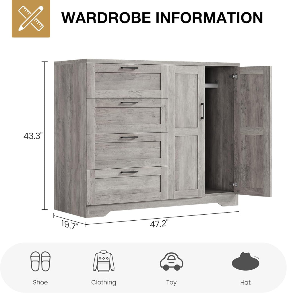 IDEALHOUSE 43.3'' H Armoire Wardrobe Closet with 4 Drawers, Wooden Dr...