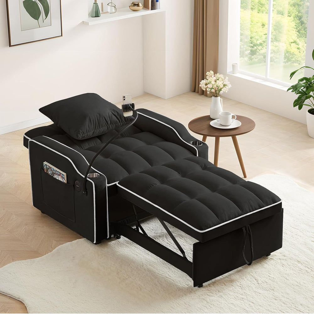 JEEOHEY Convertible Single Sleeper Velvet Futon Sleeper Sofa Bed with Phone H...