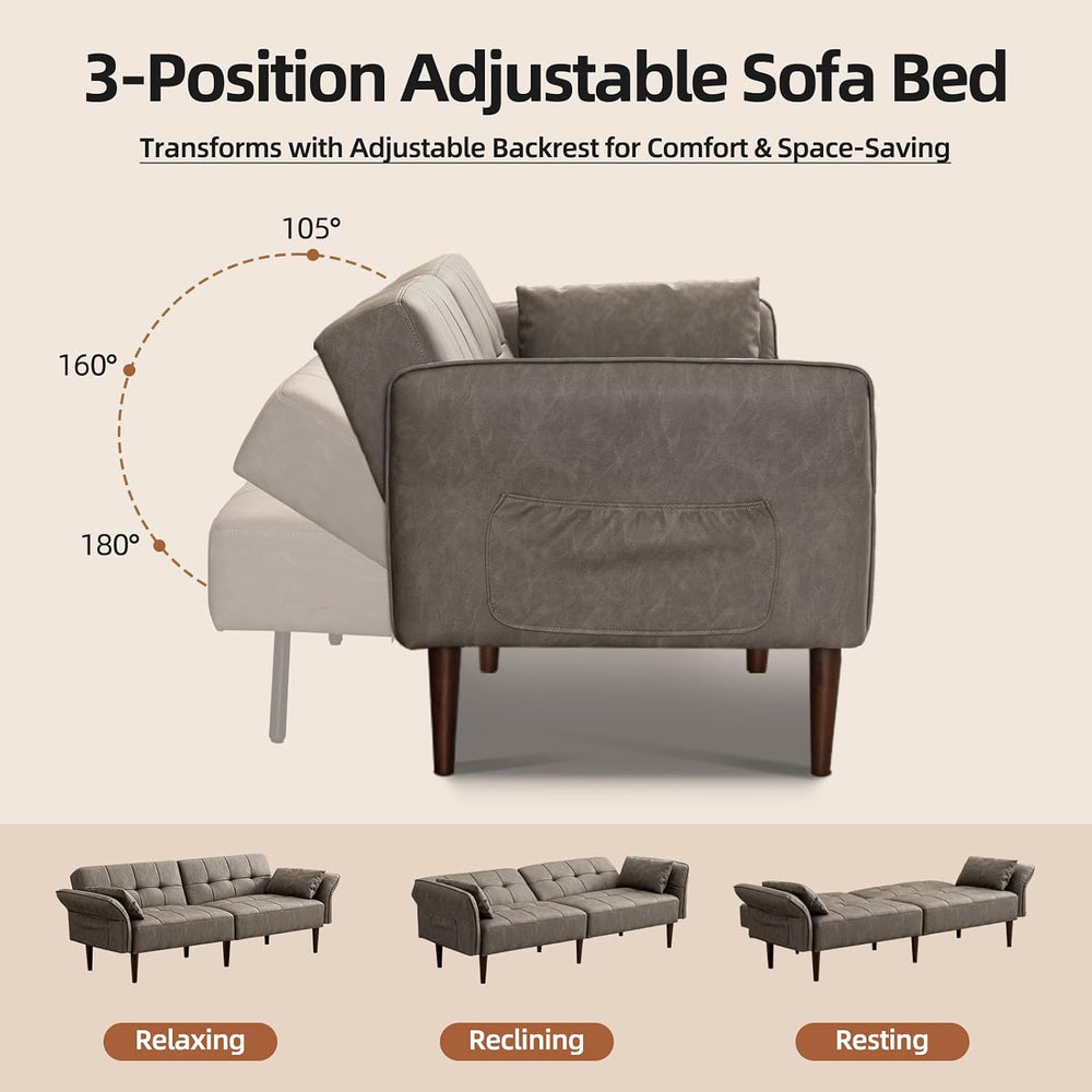 HALLYBEE 85" Futon Faux Leather Couch with Adjustable Armrests Grey