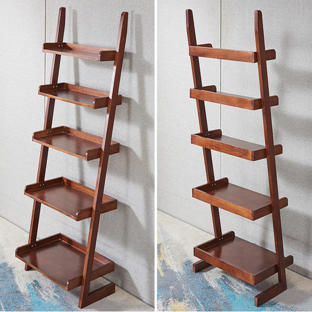 5-Tier Ladder Shelf, Minimalism Wood Ladder Bookshelf L-Shaped Leaning Storag...