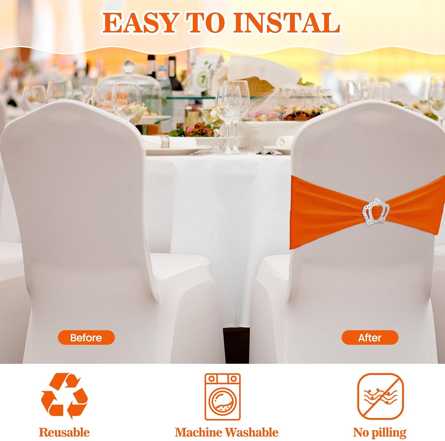 50 Pcs Stretch Chair Sashes with Crown Chair Sashes with Buckle Slider Wedding Elastic Cover for Party Bridal Baby Shower Ceremony Reception Banquet(Orange)