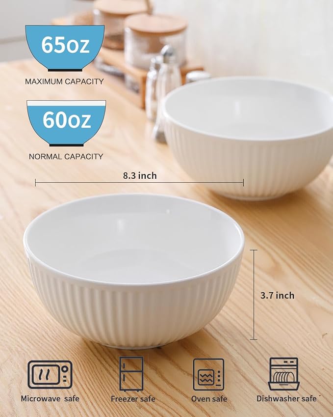 HASENSE Large Salad Bowls of 2, Porcelain 60 Oz Serving Bowl 8 Inch - Image 2