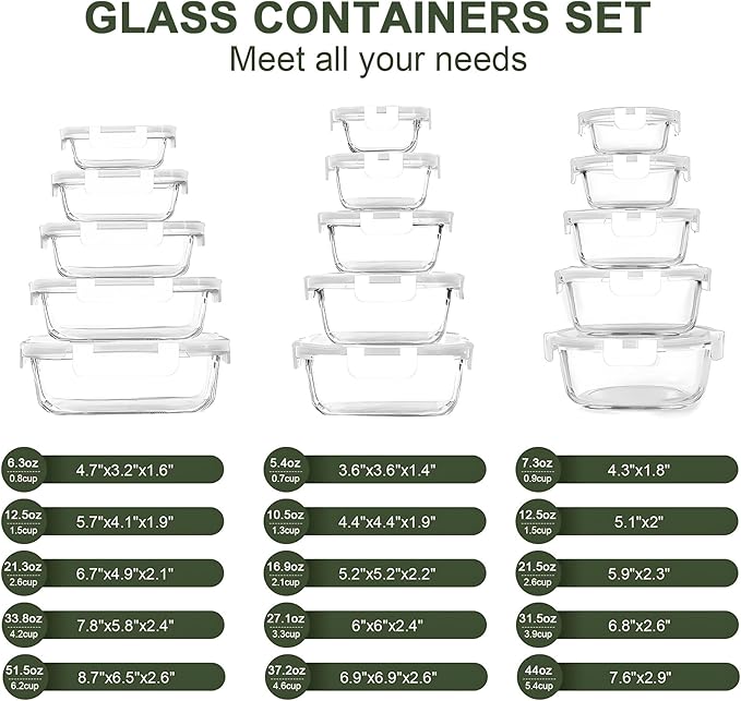 KOMUEE 30 Pieces Glass Food Storage Containers Set, Glass Meal Prep Containers
