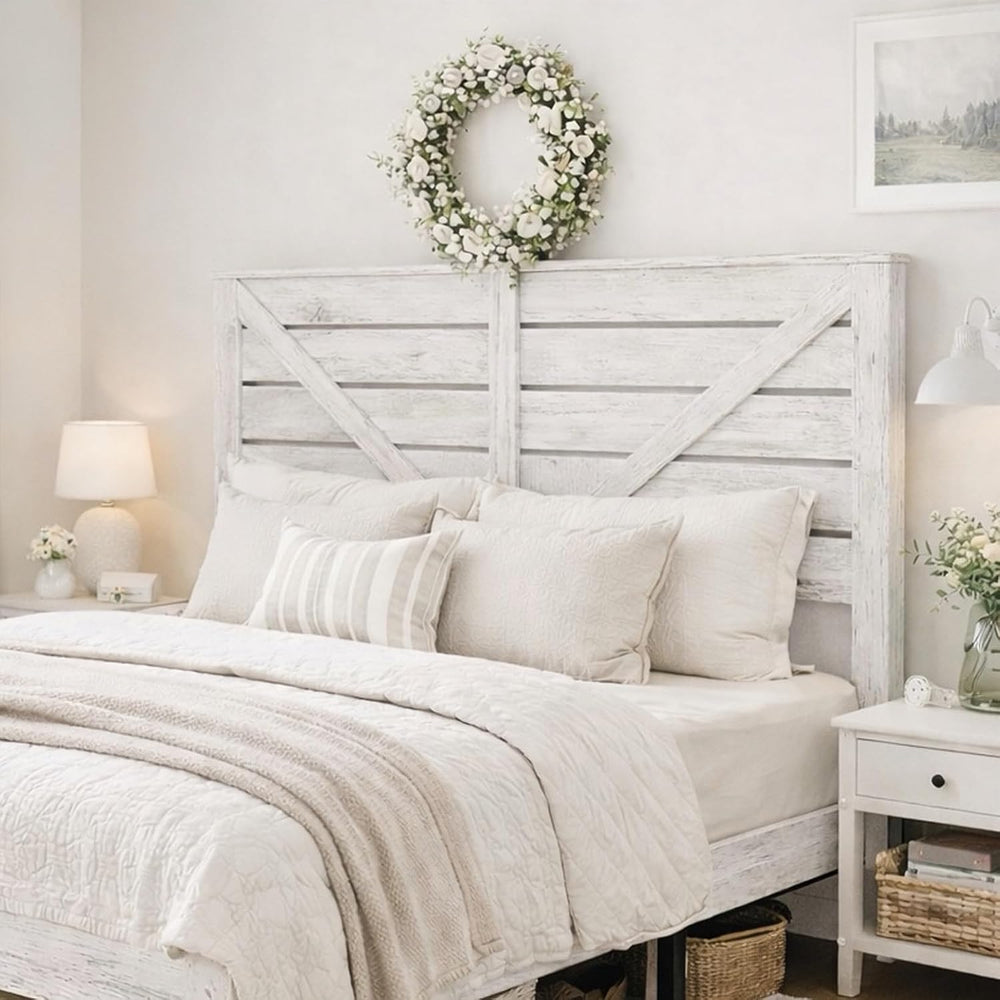 Full Farmhouse Bed Frame with Headboard, LED Lights, USB Charging