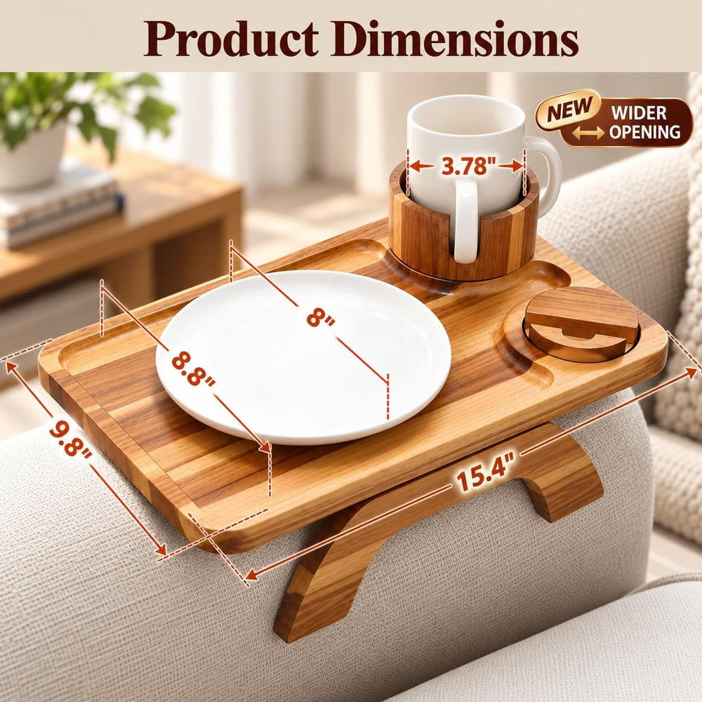 Couch Armrest Table, Acacia Wood Sofa Arm Tray with 360° Rotating Phone &...