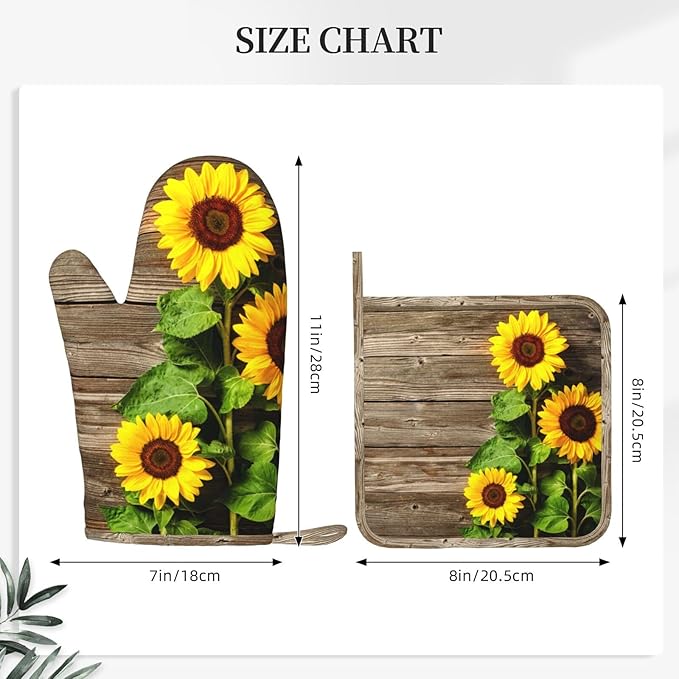Sunflower Wooden Retro Oven Mitts and Pot Holders Sets of 4, Heat Resistant - Image 2