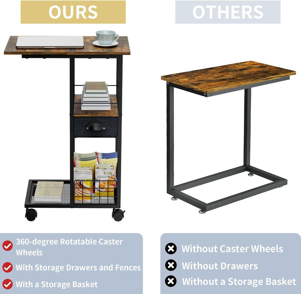 C Shaped Sofa Side Table with Wheels, Rolling Small Coffee Table with Drawer,...