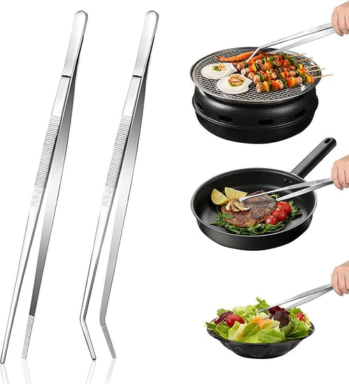 2-Piece Kitchen Tongs Set: Straight & Curved Edge Stainless Steel Non-Slip Grip by HomePage