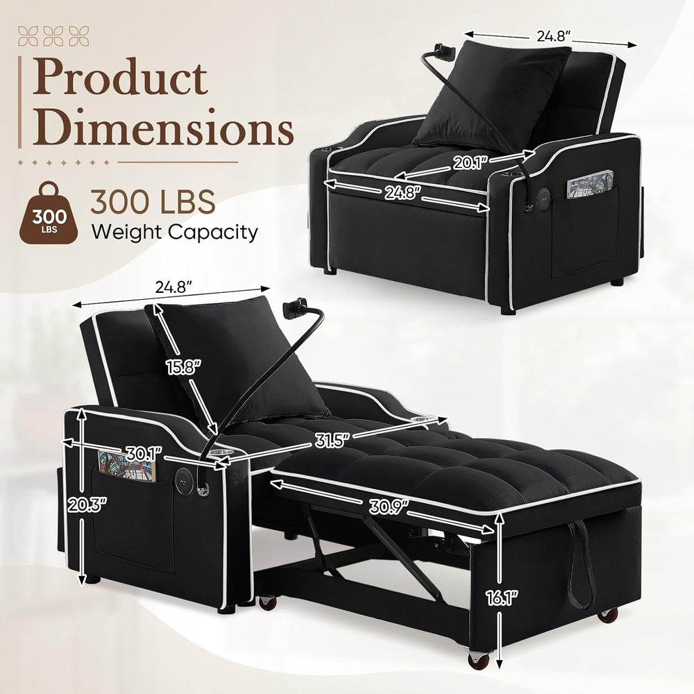 JEEOHEY Convertible Single Sleeper Velvet Futon Sleeper Sofa Bed with Phone H...
