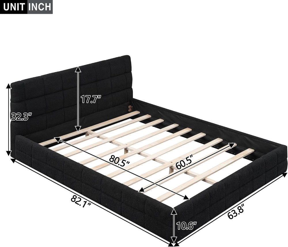 SOFTSEA Queen Size Upholstered Platform Bed, Fleece Floor Bed with Tufted Hea...
