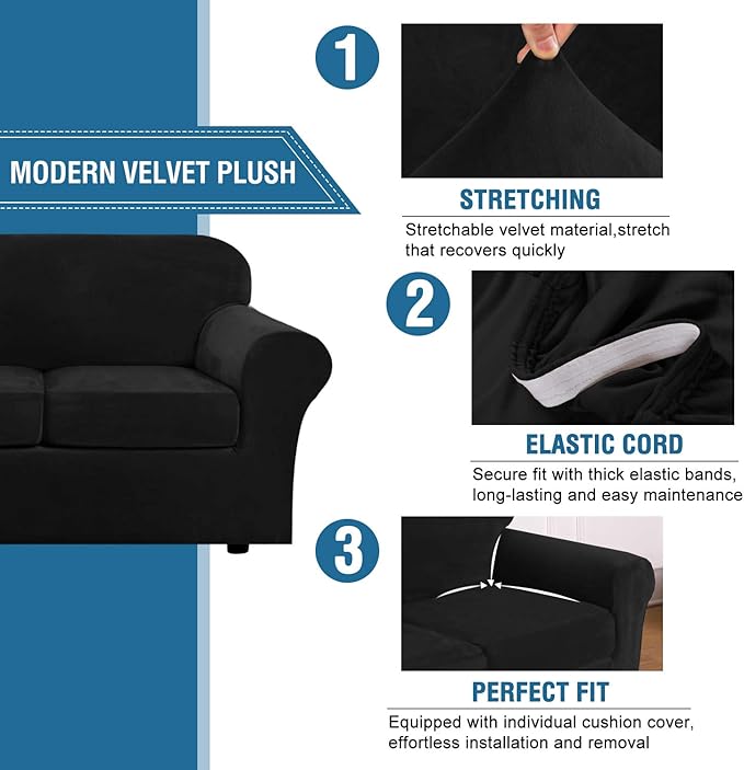 H.VERSAILTEX Real Velvet Plush 3 Piece Stretch Sofa Covers Couch Covers - Image 3