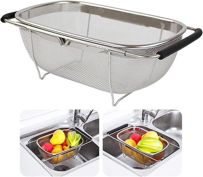 AJIODA Over The Sink Colander, 4 Quarts Stainless Steel Oval Colander by AJIODA
