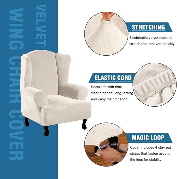 H.VERSAILTEX Wingback Chair Covers Velvet Plush Wing Chair Slipcover 1 Piece - Image 2