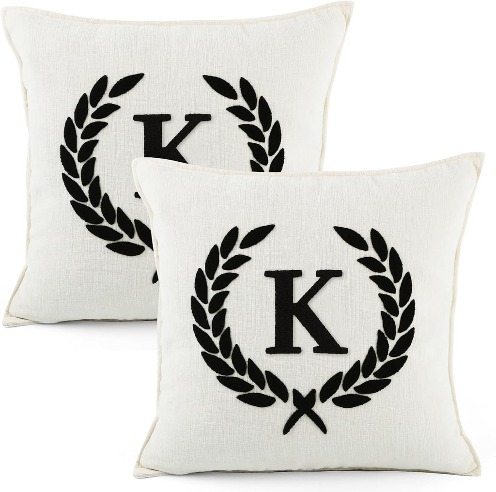 Pack of 2 Chenille Initials Pillowcases 18x18 inch Cream White | Bohemian Farmhouse Neutral Personalized First Letter Embroidery Cushion pillow Soft Sofa Bedrooms Living Room Home Decoration