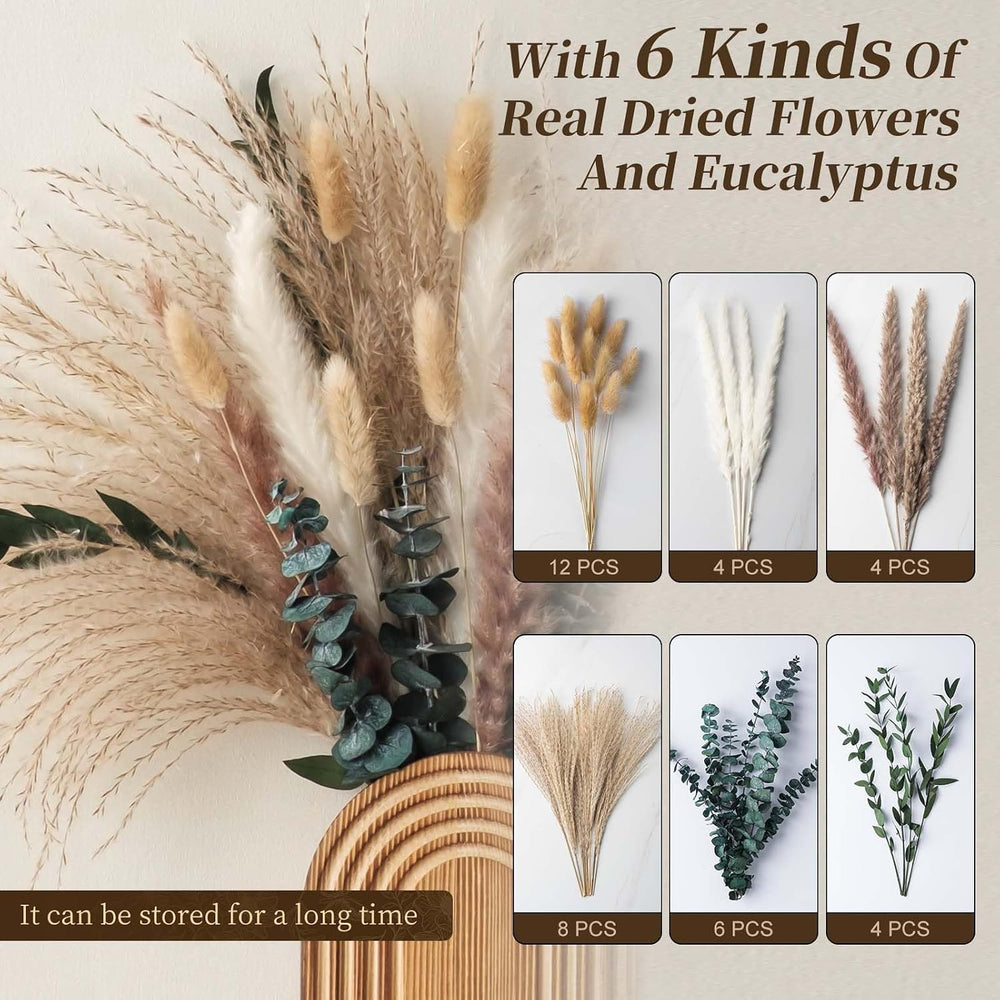 2 Pack Wooden Wall Vase Set with Pampas Grass Eucalyptus, Modern Farmhouse Bo...