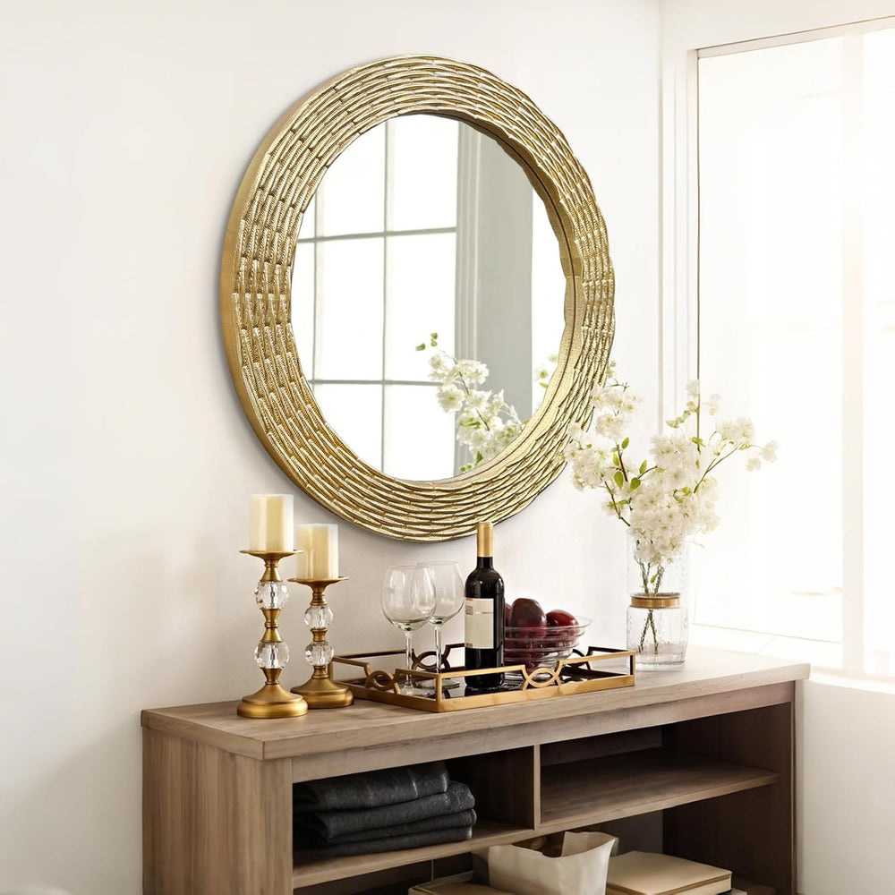WAMIRRO Gold Round Wood Mirror, 36 Inch Hand Carved Solid Wood Frame Circle M...
