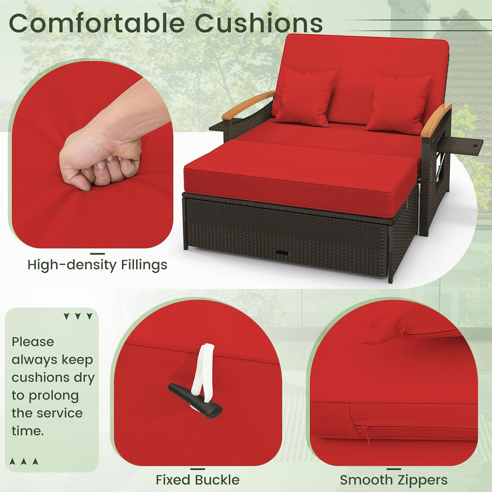 Tangkula Patio Rattan Daybed, Outdoor Wicker Loveseat, Mix Brown & Red