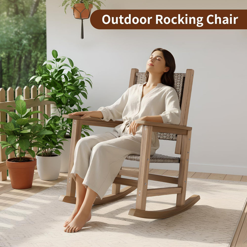 HDPE Outdoor Rocking Chair, All-Weather Wicker Porch Rocker, Brown