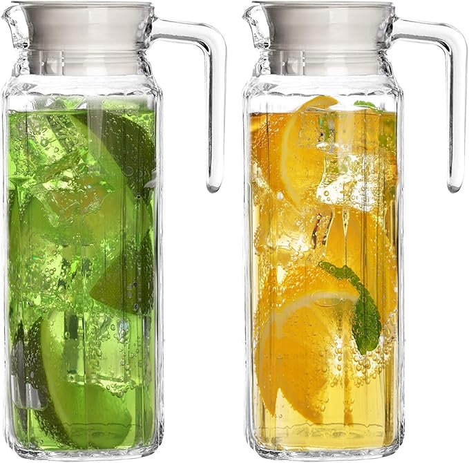 Glass Pitcher with Lid – Set of 2 34Oz Glass Water Pitcher – Cold Water Carafe by Marbelous