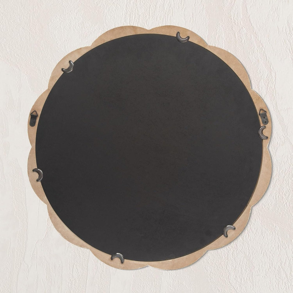 24 Inch Round Wall Mirror, Whitewashed Wooden Frame with Scalloped Edge &...