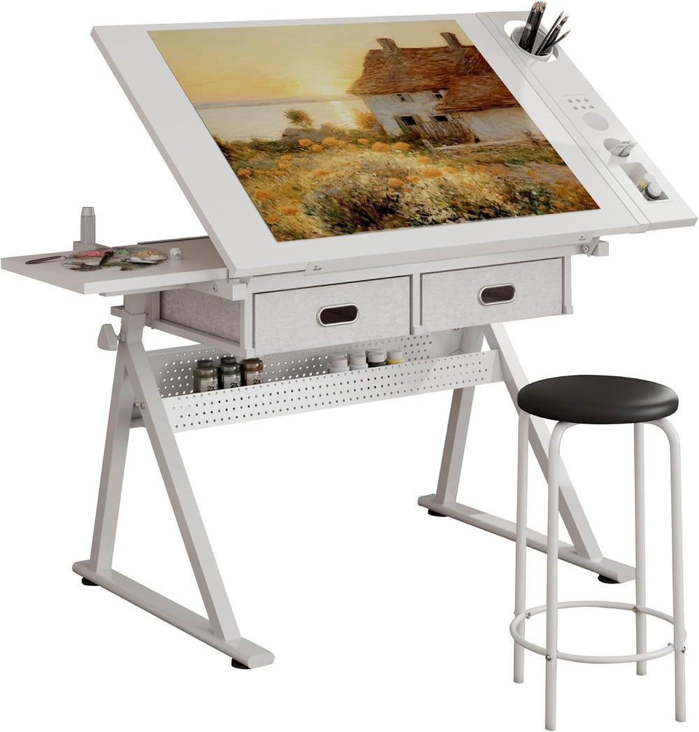 Tiltable Drafting Table with Stool, Adjustable Art Desk for Home Use