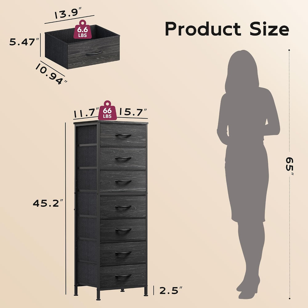 WLIVE Tall Dresser for Bedroom, 7 Drawer Dresser, Black Wood Grain