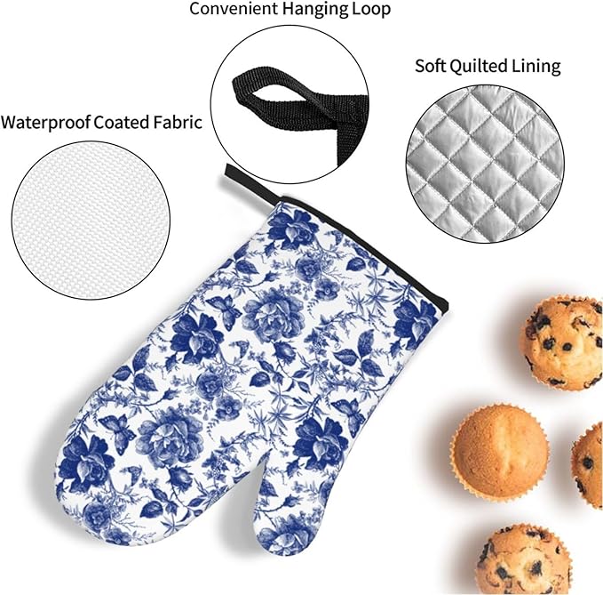 Blue and White Porcelain Floral Butterfly Oven Mitts and Pot Holders Set of 4 - Image 4