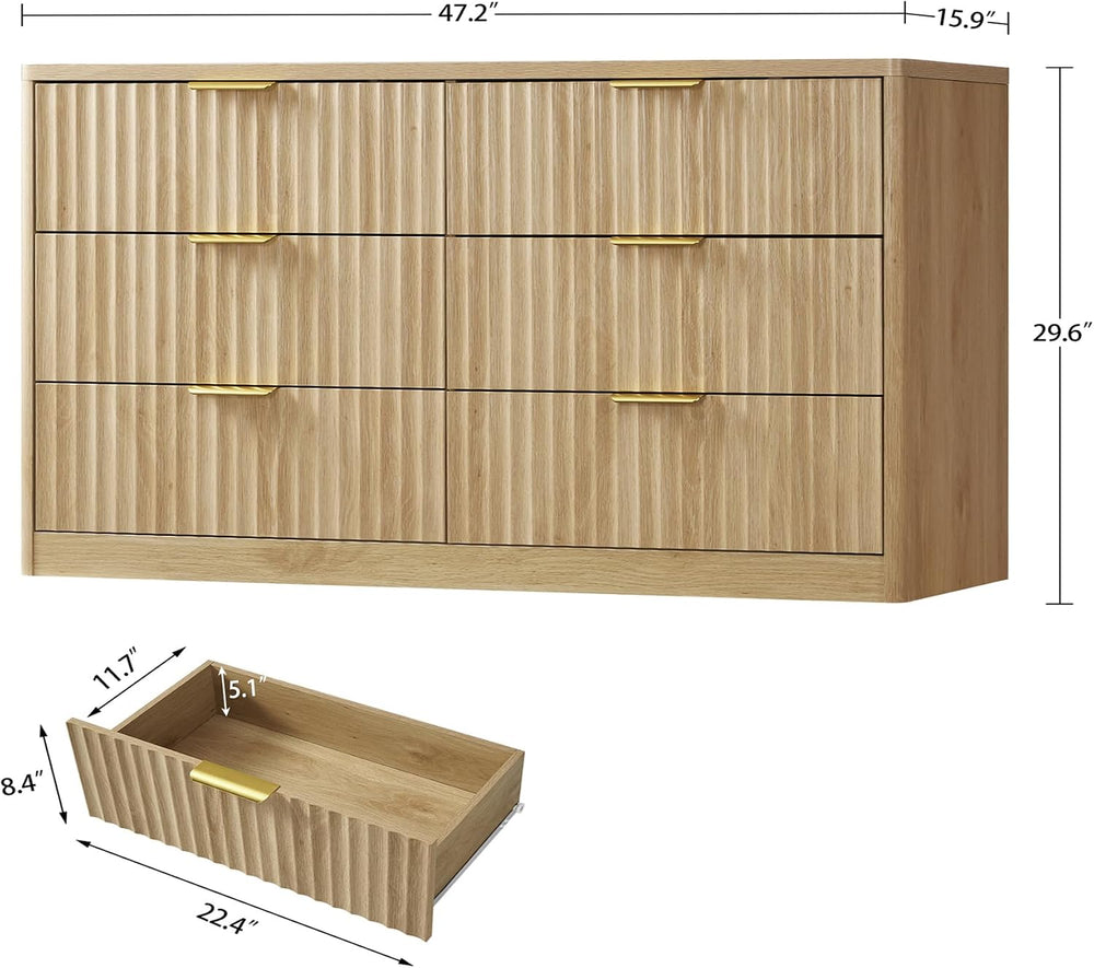 Fluted 6 Drawer Dresser for Bedroom, Wide Modern Chest of Drawers with Metal ...