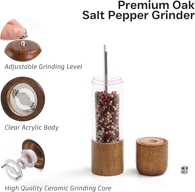 Wood Salt and Pepper Grinder, Manual Premium Acrylic Salt Grinder and Pepper - Image 2