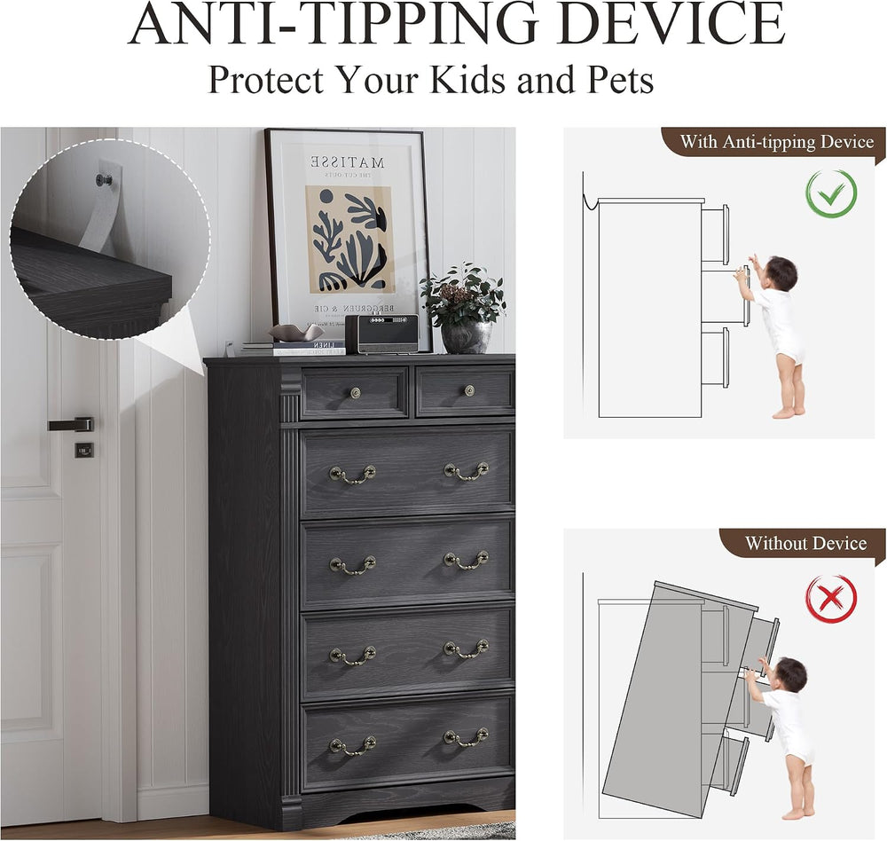 Grey 6 Drawer Dresser for Bedroom, 47" Tall Dresser, Wood Rustic Chest o...