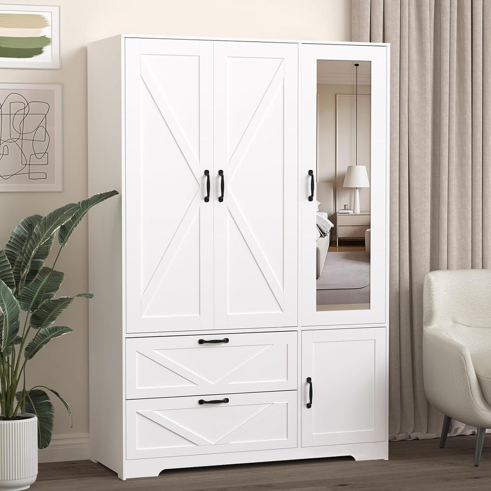Armoire Wardrobe Closet with Mirror Door and LED Lights,3 Doors Farmhouse Bed...