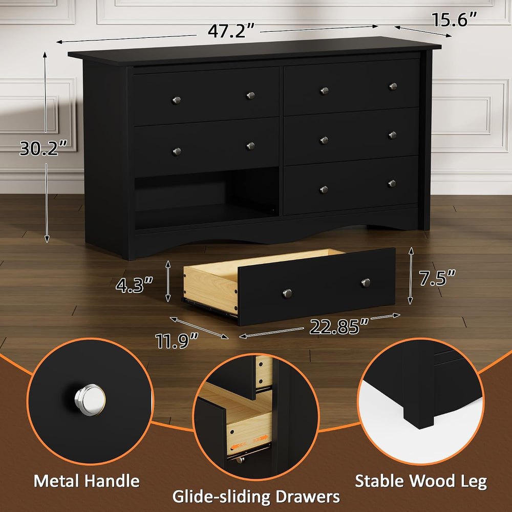 Flamaker Dresser for Bedroom, 6 Drawer Wood Dresser, Black