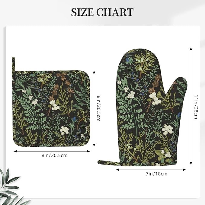 Botanical Print Floral Oven Mitts and Pot Holders Set of 4 Silicone Black Sage - Image 3