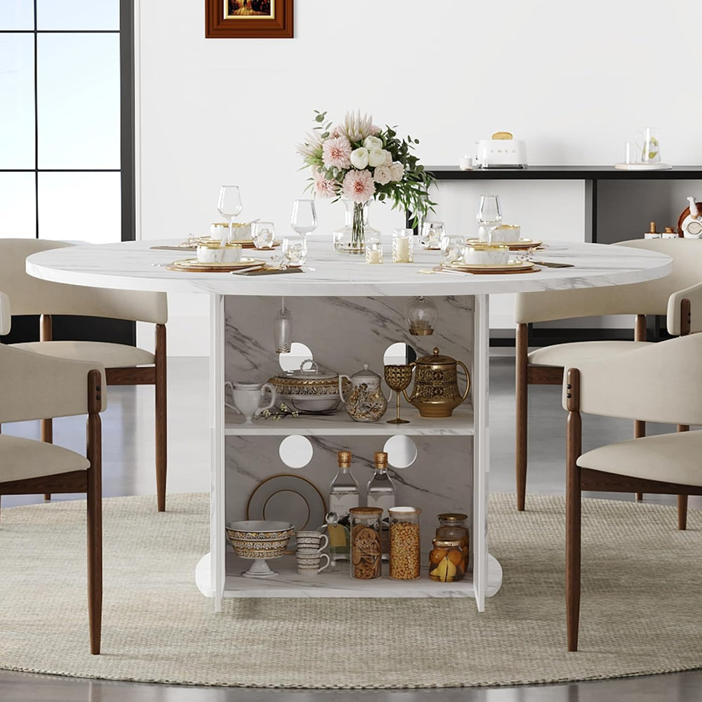 IBF 47" Round Dining Table with Storage, White Faux Marble Kitchen Table...
