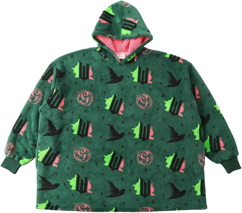 Bioworld Wicked Part 1 Witch & Glinda Seal All-Over Print Adult Green Long Sleeve Comfy Hooded Blanket