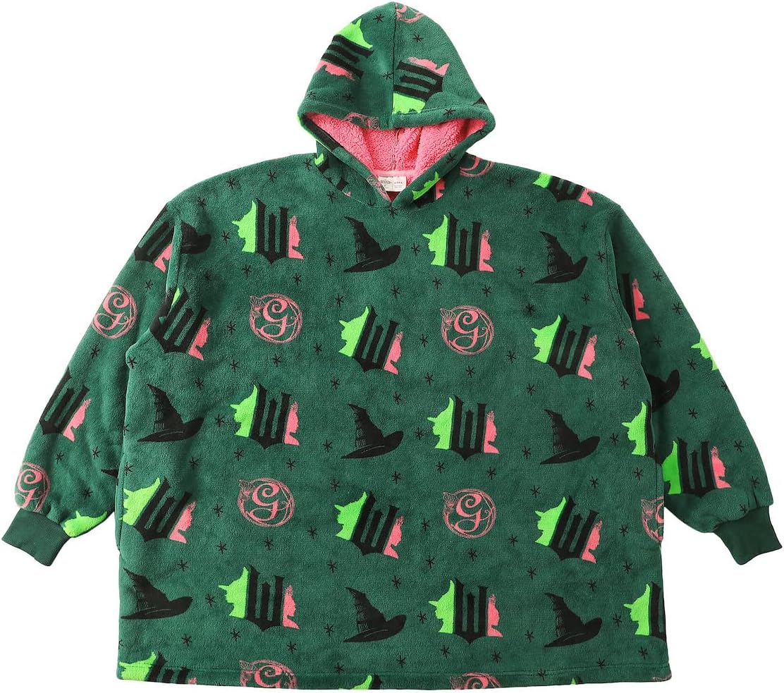 Bioworld Wicked Part 1 Witch & Glinda Seal All-Over Print Adult Green Long Sleeve Comfy Hooded Blanket