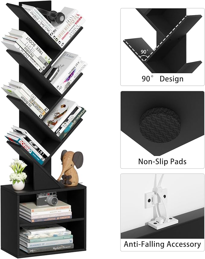 10 Tier Tree Bookshelf,Floor Standing Wood Tall Bookcase for Narrow Space, St...