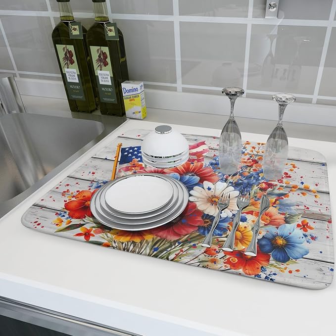 4th of July Dish Drying Mat 18x24 inch Patriotic Floral Fast Dry Microfiber - Image 6