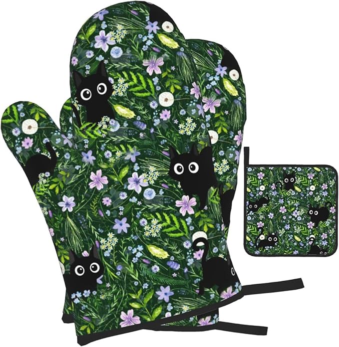 Spring Funny Black Cat Hot Pads and Oven Mitts Heat Resistant, Cute Cat Lover & - Image 2