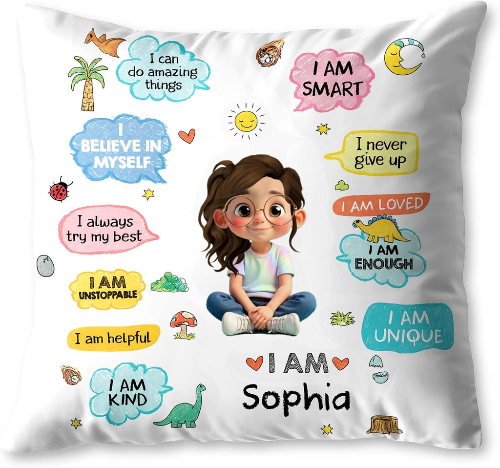 Personalized Affirmation Pillow Cover for Kids, Custom Character & Name Decorative Cushion, “I Believe in Myself” Positive Quotes, Cute Playroom Bedroom Decor for Back to School