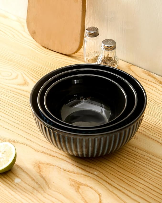HASENSE Mixing Bowls of 3, Porcelain Ribbed Bowls 1.5/1/0.5 Qt